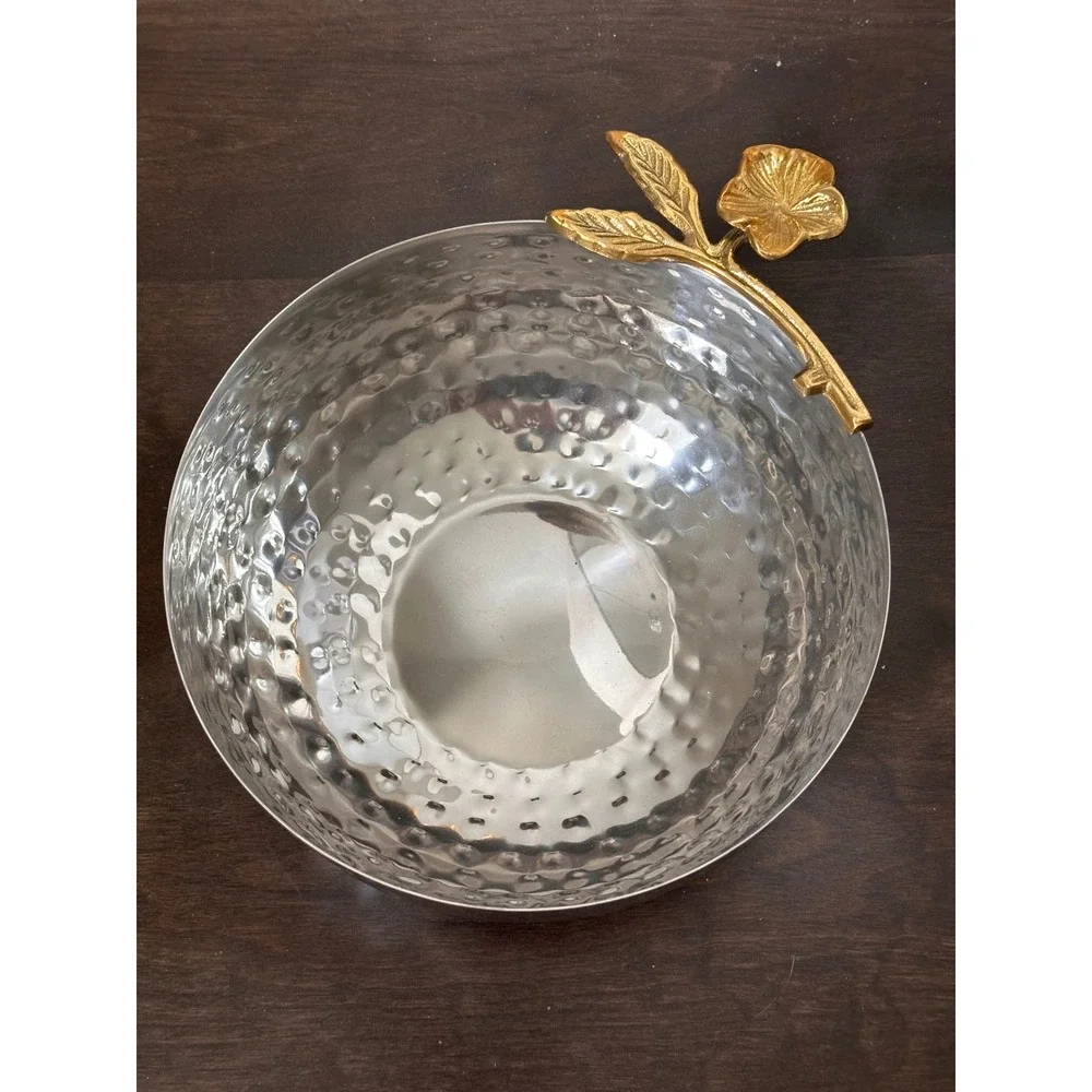 Hammered Stainless Steel Serving Bowl Gold Flower Handle Silver Made in India